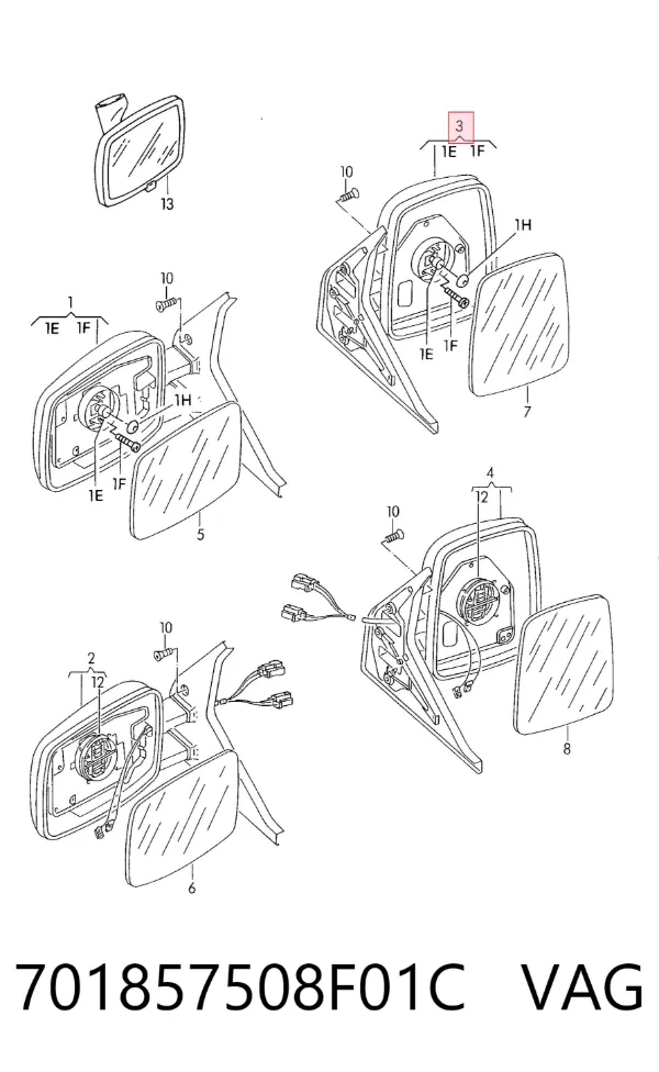Espejo de retrovisor derecho 701857508F01C VAG