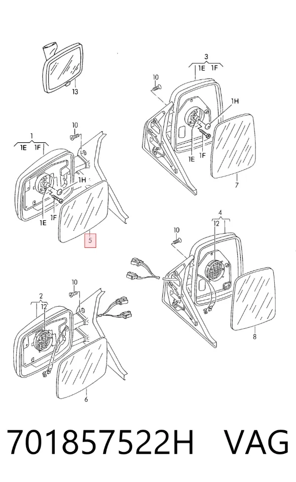 Cristal de espejo retrovisor derecho 701857522H VAG