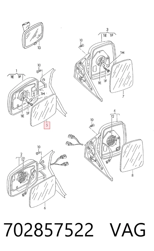 Cristal de espejo retrovisor derecho 702857522 VAG