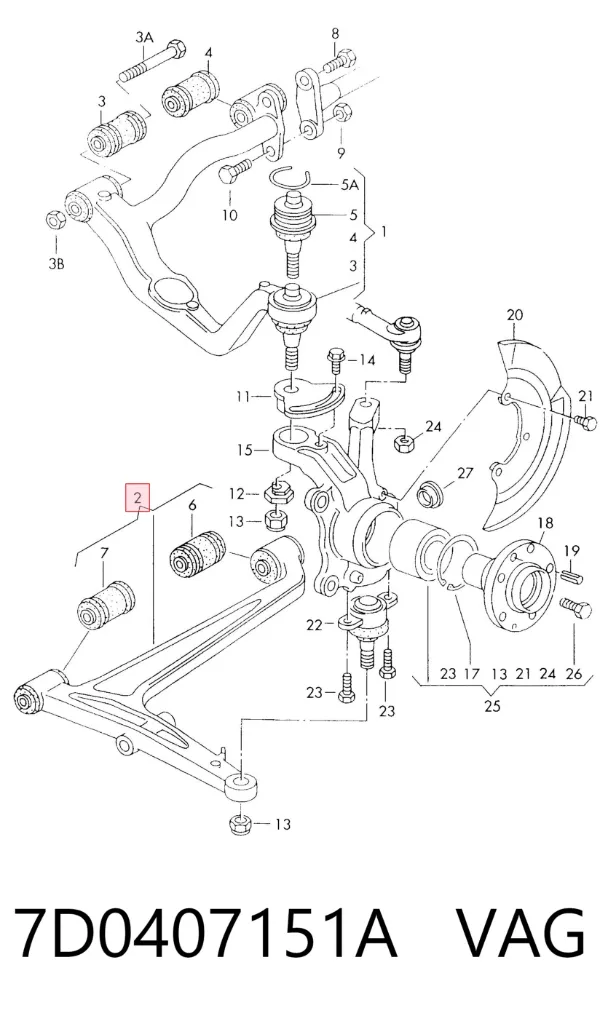 Brazo inferior izquierdo de la suspensión delantera 7D0407151A VAG