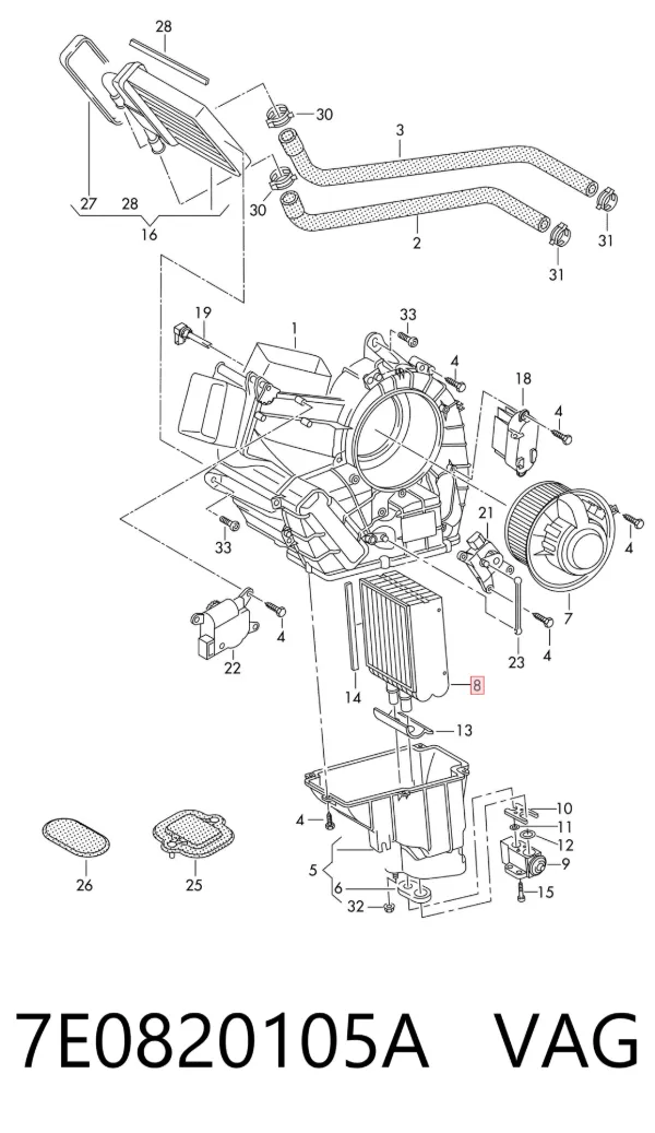 Evaporador trasero de aire acondicionado 7E0820105A VAG