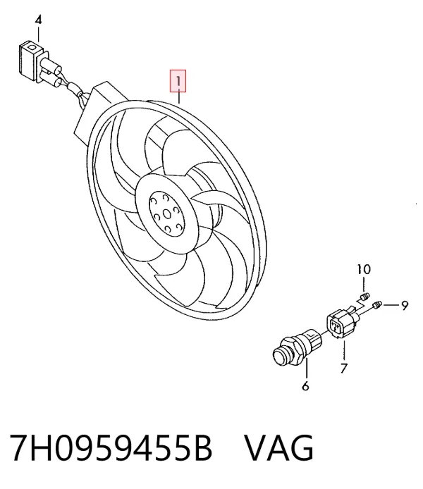 Ventilador de refrigeración completo derecho (motor y hélice) 7H0959455B VAG