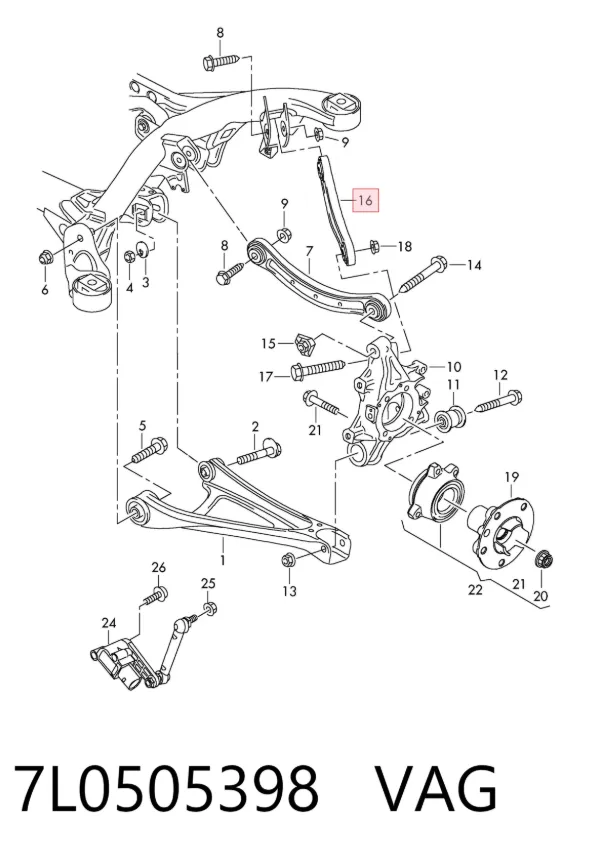 Brazo superior derecho de la suspensión trasera 7L0505398 VAG