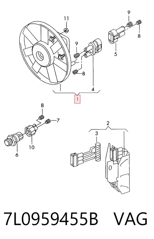 Ventilador de refrigeración completo derecho (motor y hélice) 7L0959455B VAG