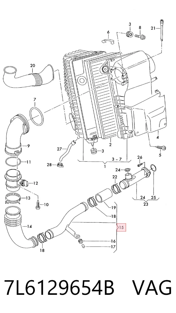Conducto de aire, salida del filtro de aire 7L6129654B VAG