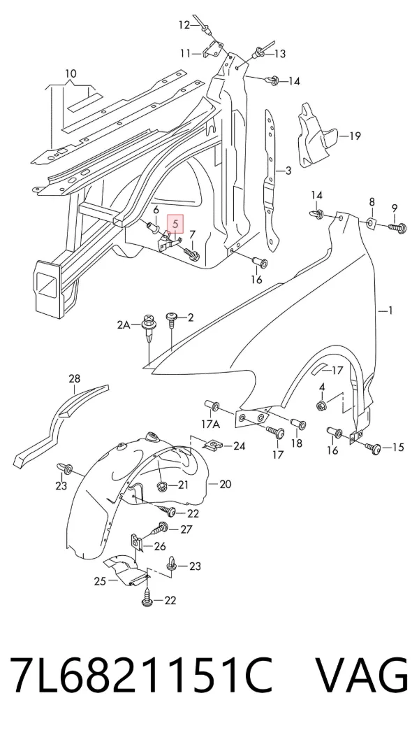 Soporte delantero izquierdo para aleta delantera 7L6821151C VAG