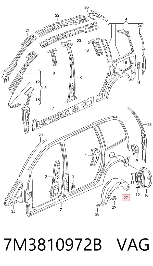Guardalodo interior derecho, aleta trasera 7M3810972B VAG