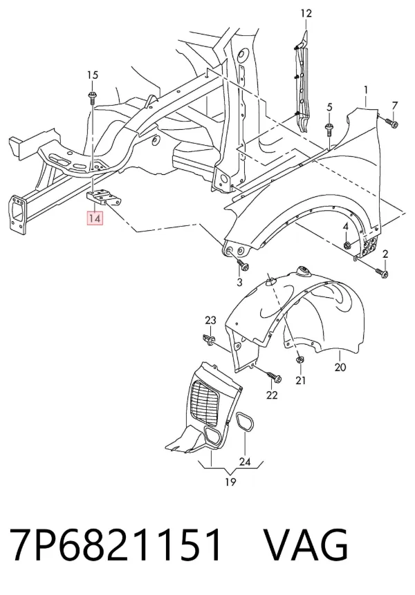 Soporte delantero izquierdo para aleta delantera 7P6821151 VAG