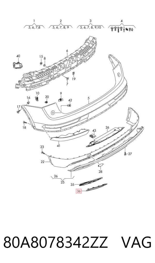 Moldura de parachoques trasero derecho 80A8078342ZZ VAG
