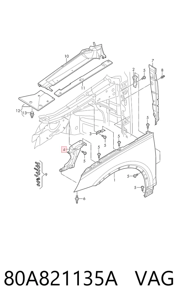 Soporte delantero izquierdo para aleta delantera 80A821135A VAG