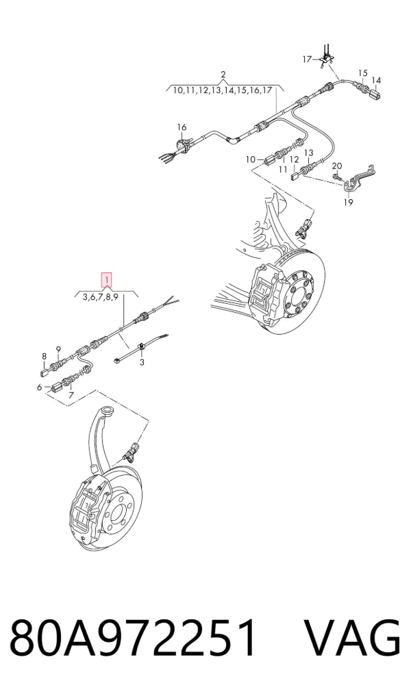 Cable del sensor ABS delantero izquierdo 80A972251 VAG