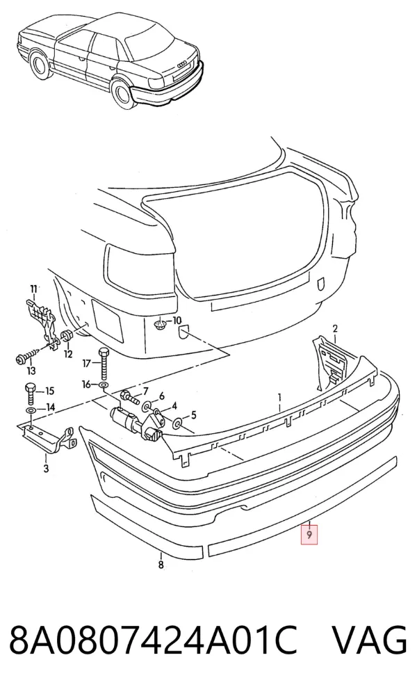 Moldura central del parachoques trasero 8A0807424A01C VAG