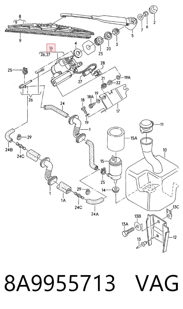 Motor limpiaparabrisas, trasera 8A9955713 VAG