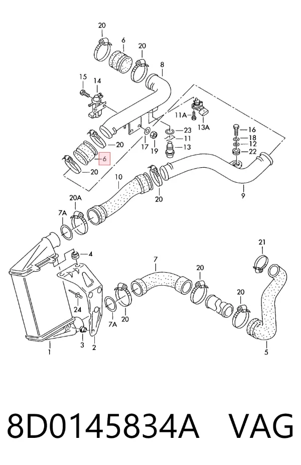 Tubo de salida de aire del turbocompresor 8D0145834A VAG