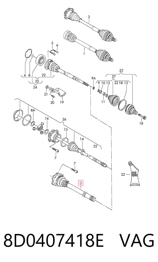 Semieje delantero derecho 8D0407418E VAG