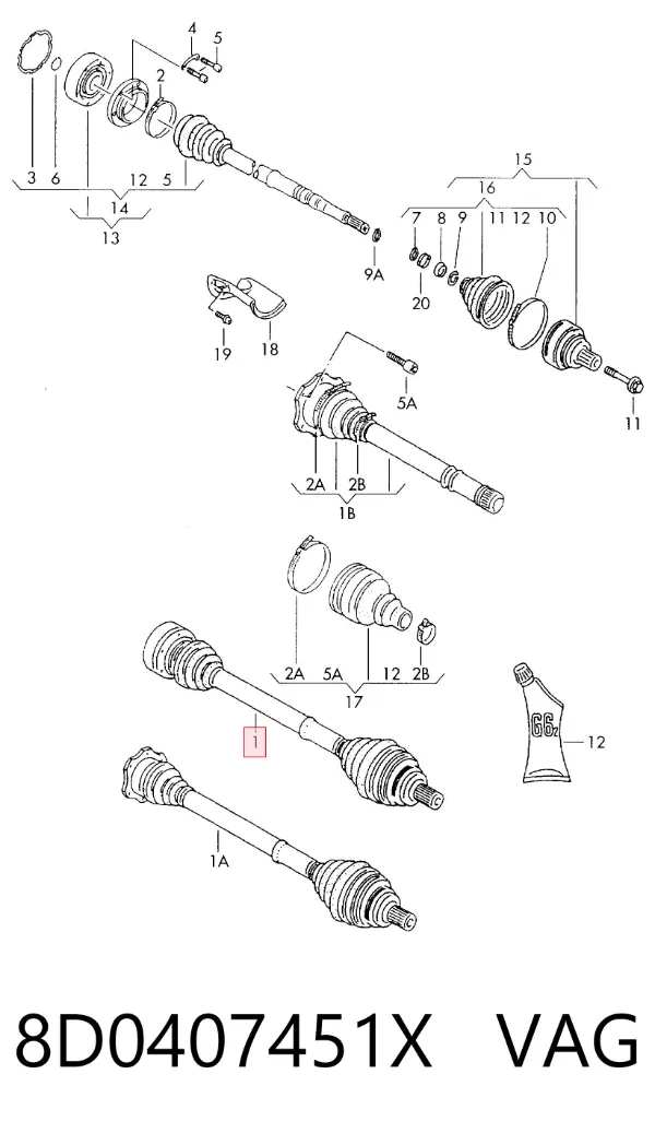 Semieje delantero izquierdo 8D0407451X VAG