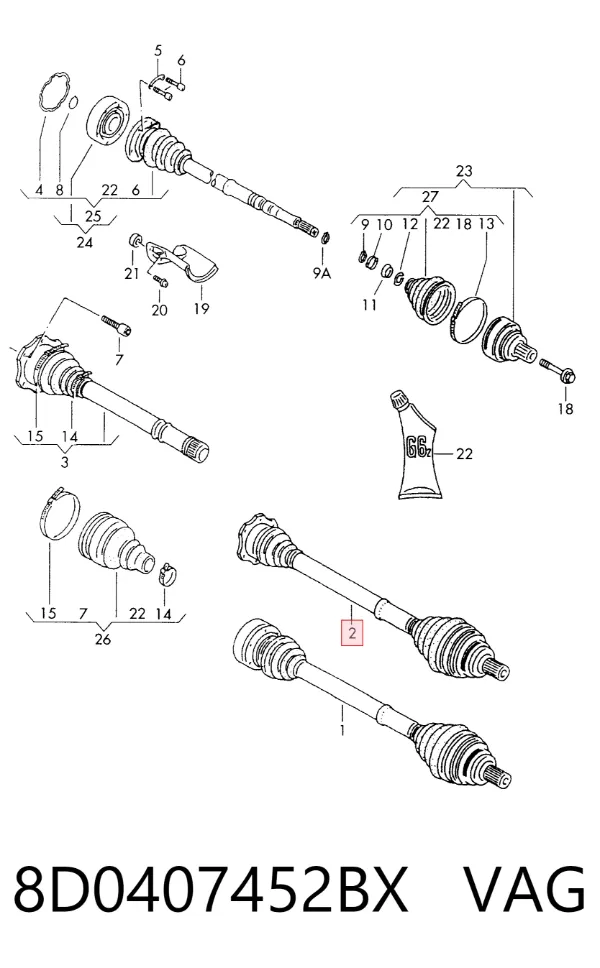 Semieje delantero derecho 8D0407452BX VAG