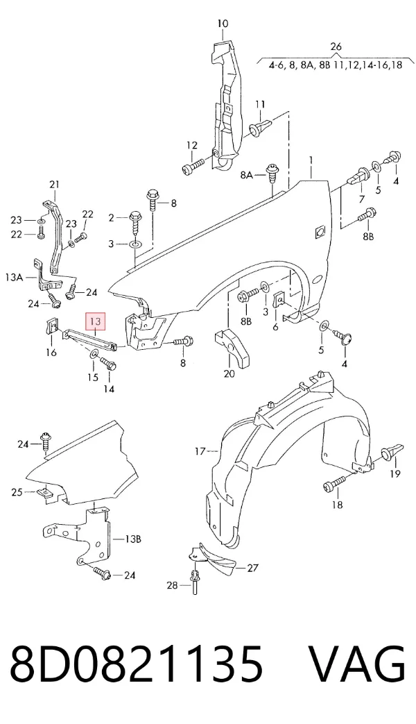 Soporte delantero izquierdo para aleta delantera 8D0821135 VAG