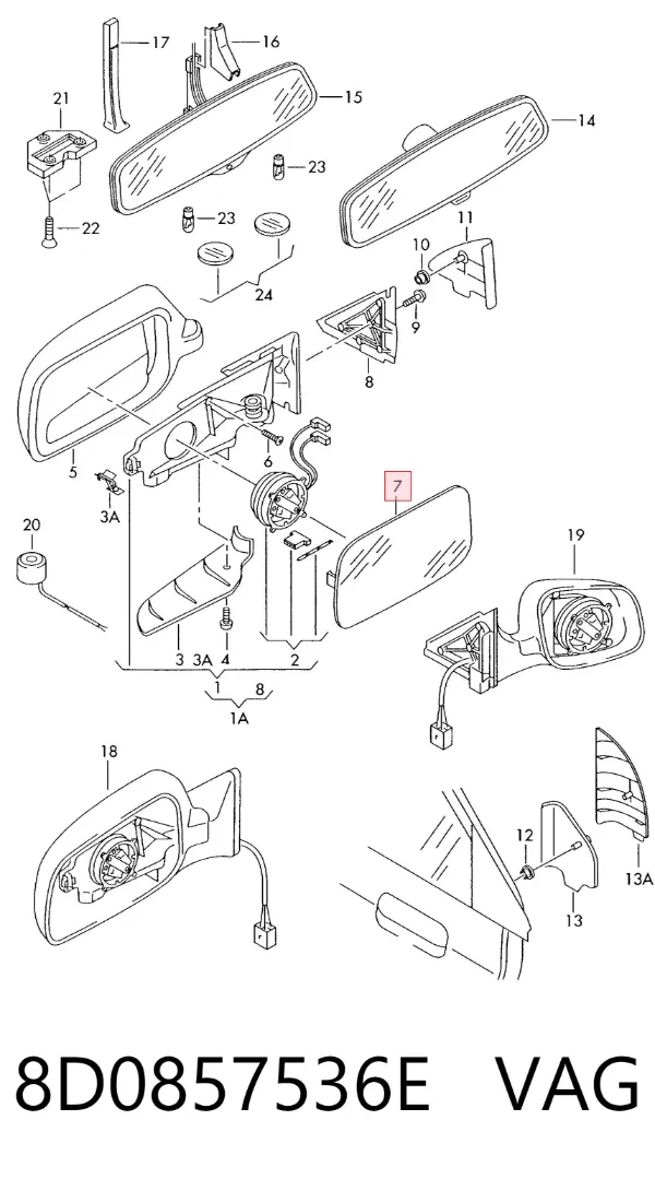 Cristal de espejo retrovisor derecho 8D0857536E VAG