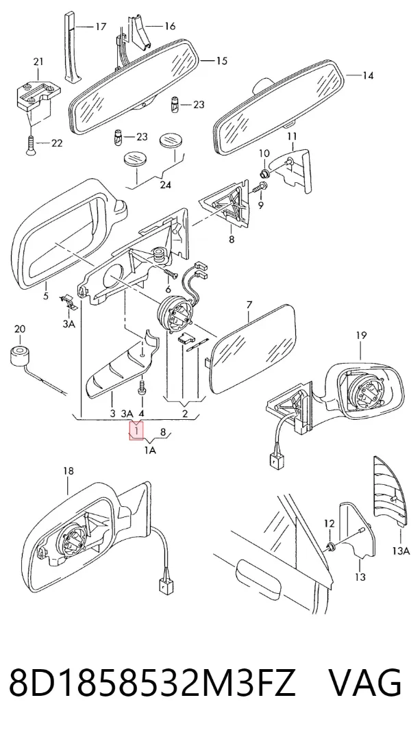 Espejo de retrovisor derecho 8D1858532M3FZ VAG
