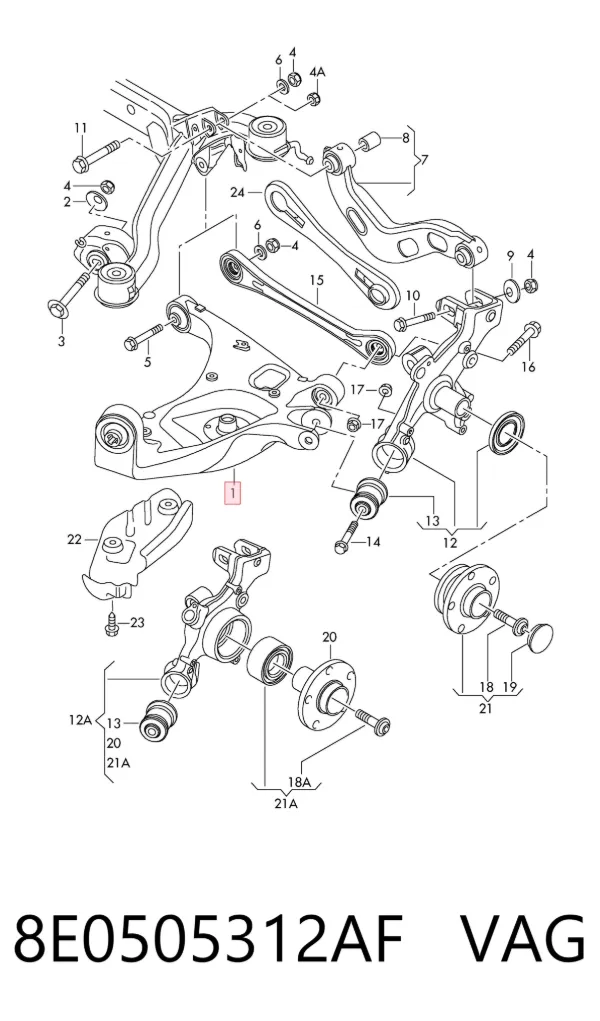 Brazo de suspensión trasero inferior derecho 8E0505312AF VAG
