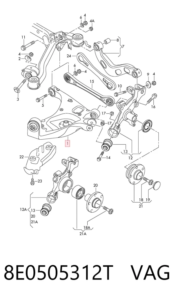Brazo de suspensión trasero inferior derecho 8E0505312T VAG
