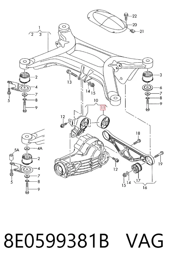 Silentblock delantero del soporte de la traviesa del diferencial trasero 8E0599381B VAG