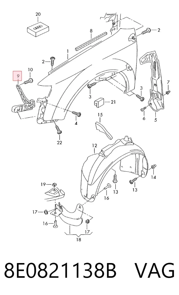Soporte delantero de guardabarros delantero derecho 8E0821138B VAG