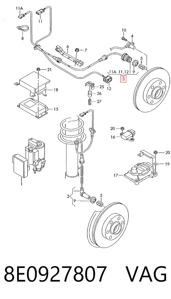 Sensor ABS trasero 8E0927807 VAG
