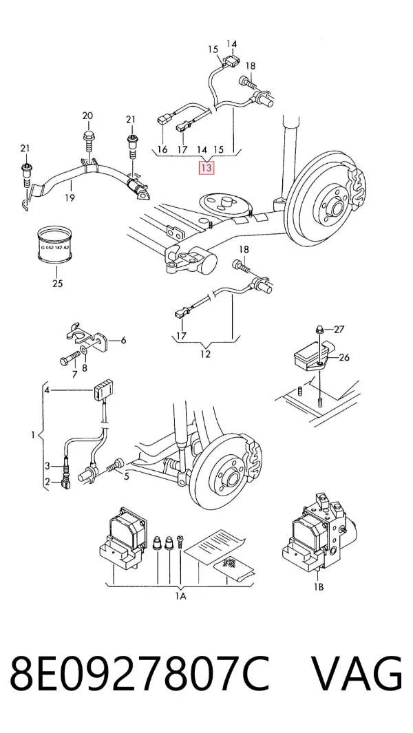 Sensor ABS trasero izquierdo 8E0927807C VAG