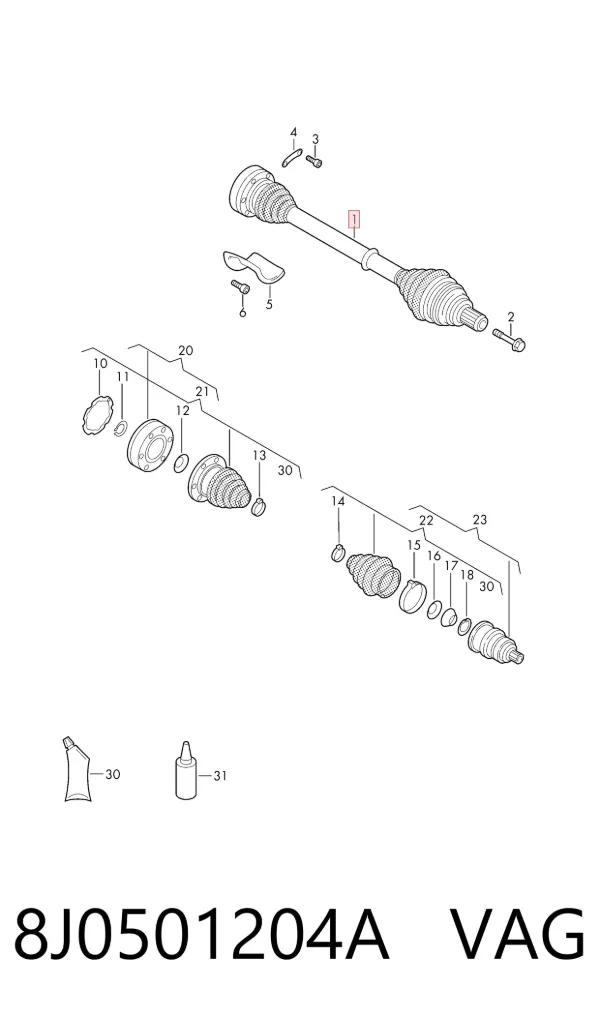 Semieje trasero derecho 8J0501204A VAG