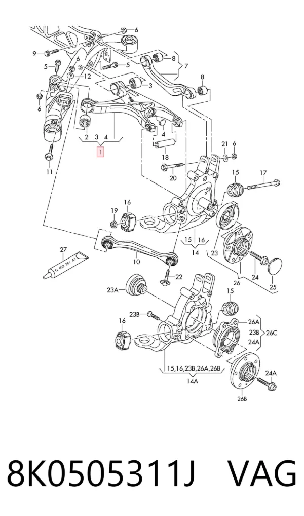 Brazo suspension trasero inferior izquierdo 8K0505311J VAG