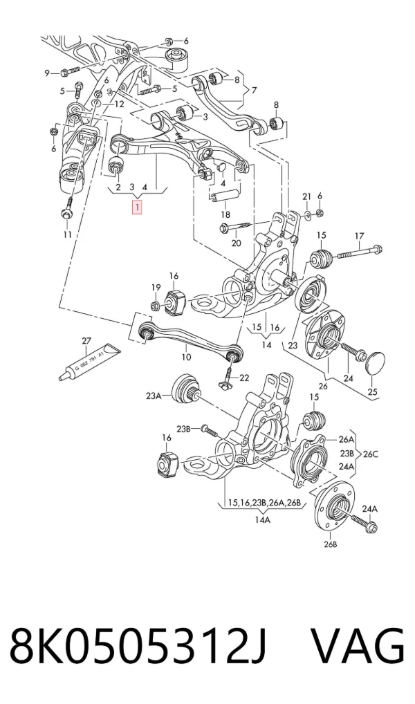 Brazo de suspensión trasero inferior derecho 8K0505312J VAG