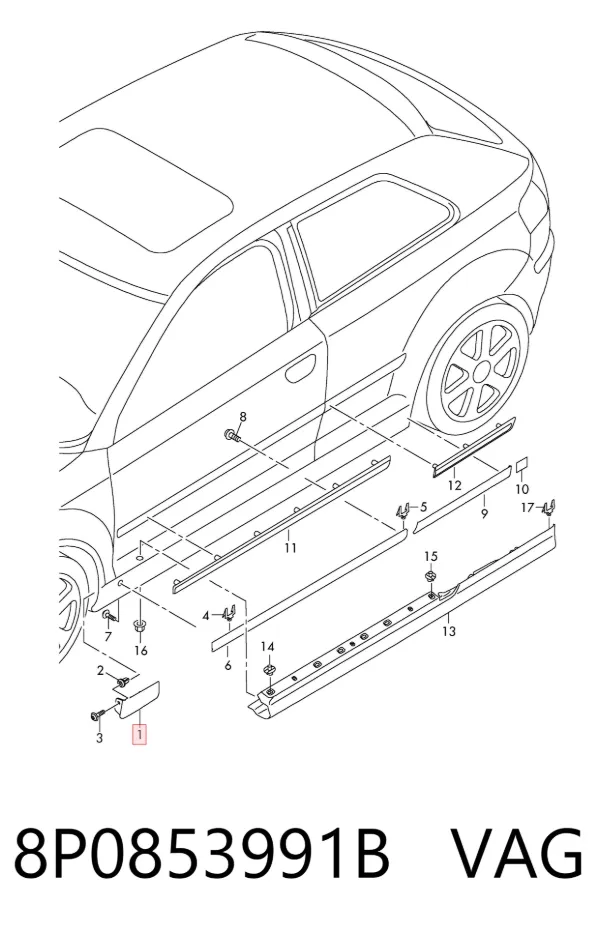 Moldura del guardabarros delantero izquierdo 8P0853991B VAG