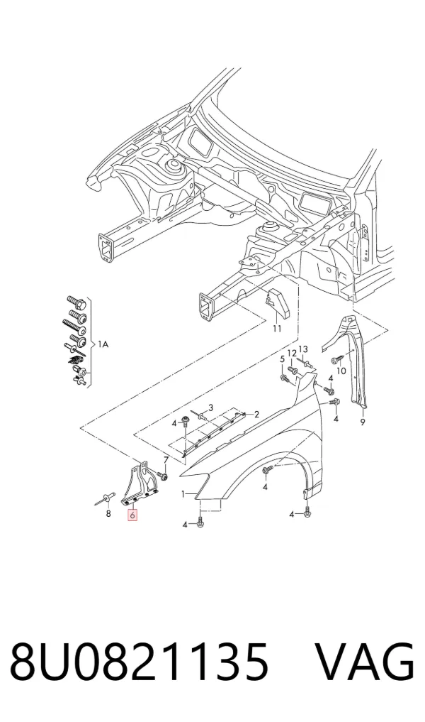 Soporte delantero izquierdo para aleta delantera 8U0821135 VAG