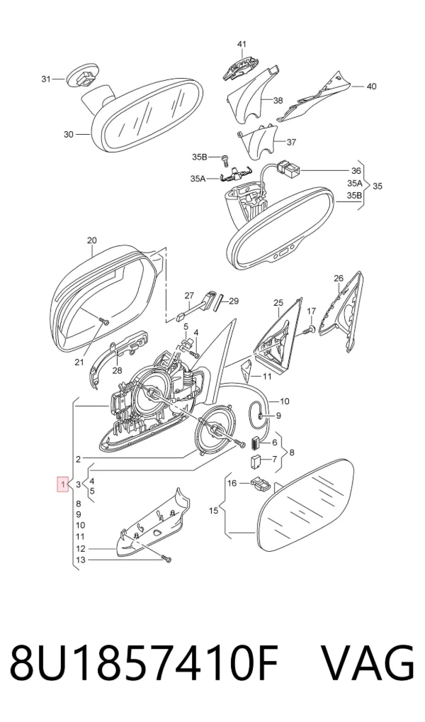 Espejo de retrovisor derecho 8U1857410F VAG