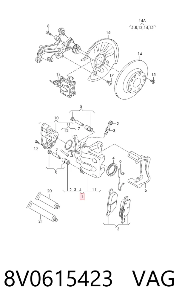 Pinza de freno trasera izquierda 8V0615423 VAG
