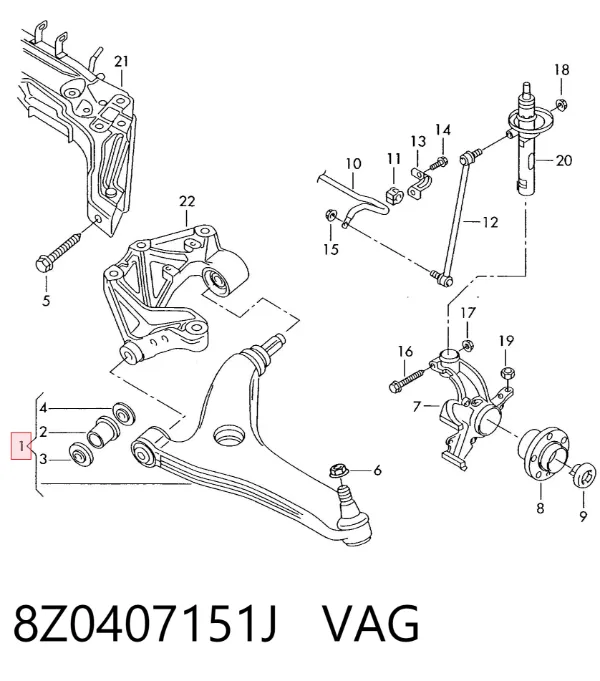 Brazo inferior izquierdo de la suspensión delantera 8Z0407151J VAG