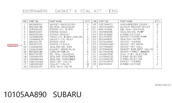 Juego de juntas para motor 10105AA890 Subaru