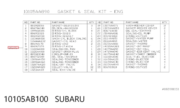 Juego de juntas para motor 10105AB100 Subaru