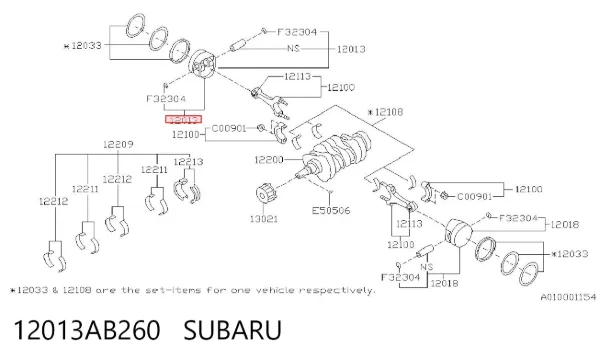 Pistón con bulón sin anillos, STD 12013AB260 Subaru