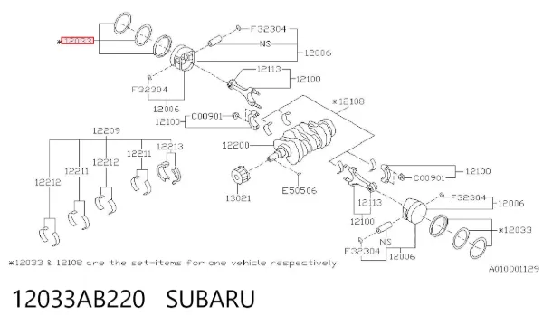 Aros de pistón para 1 cilindro, STD 12033AB220 Subaru