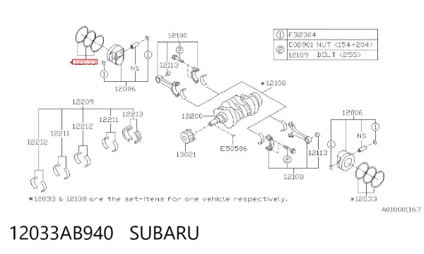 Juego de aros de pistón para motor, sobremedida (+0,25 mm) 12033AB940 Subaru