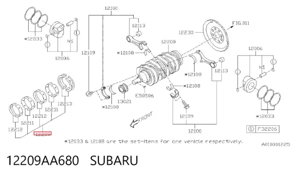 Juego de cojinetes de cigüeñal, cota de reparación (+0,25 mm) 12209AA680 Subaru