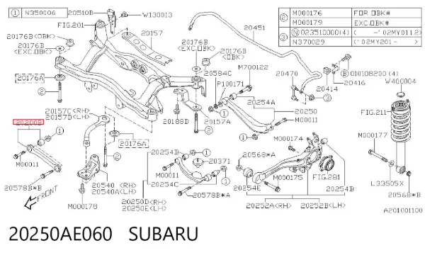 Barra transversal de la suspensión trasera 20250AE060 Subaru
