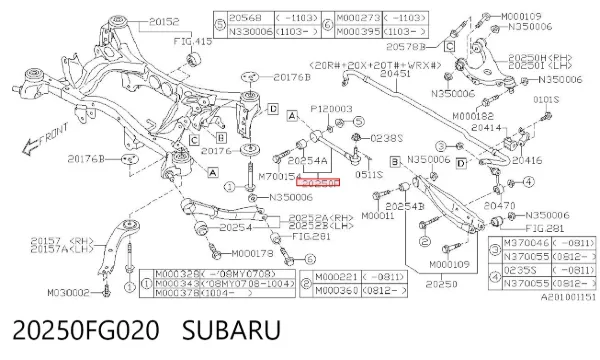 Barra transversal de la suspensión trasera 20250FG020 Subaru