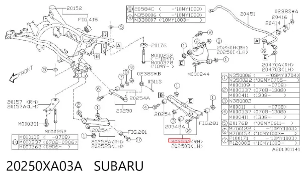 Brazo de suspensión trasero inferior derecho 20250XA03A Subaru