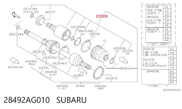 Junta homocinética interior trasera 28492AG010 Subaru