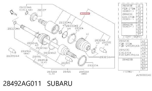Junta homocinética interior trasera 28492AG011 Subaru