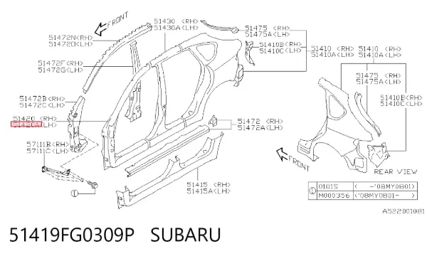 Pilar delantero izquierdo de la carrocería 51419FG0309P Subaru